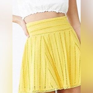 Forever 21 Bright Yellow Flared Mini Skirt, Eyelet Fabric, New Without Tag. Sz L